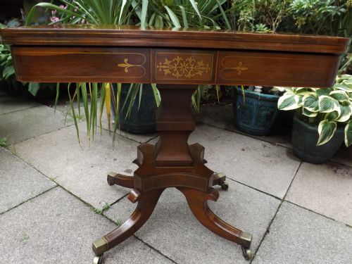 EARLY C19TH REGENCY PERIOD BRASSINLAID ROSEWOOD FOLDOVER 'TEA' TABLE - ADDITIONAL PHOTO 8