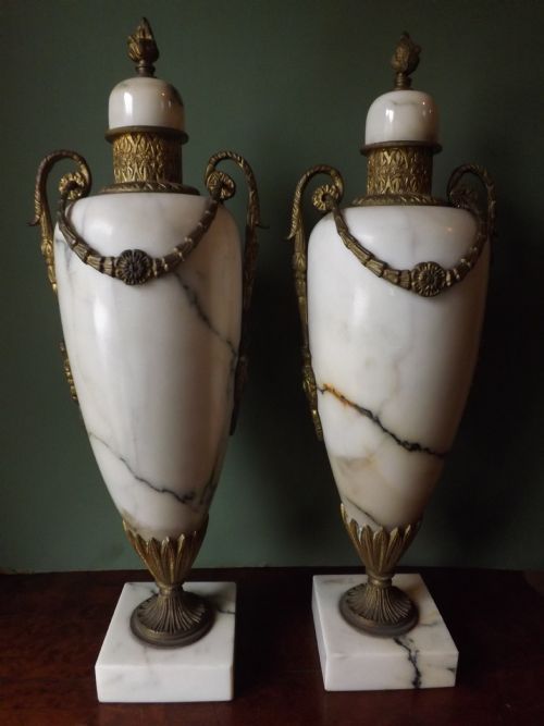 Pair of Late C19th /Early C20th French Ormolu-mounted Marble Urns.