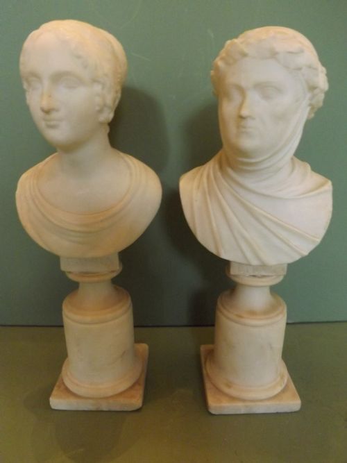 Pair of C19th Italian Carved Alabaster Busts of "Petrarca" and "Laura"