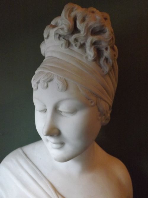 fig 1. C19th carved white statuary marble bust of Madame Juliette Recamier after the original study by Joseph Chinard.