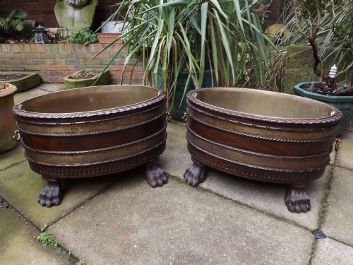 Pair of Early C20th George II Design Period-style  Brass-bound Oval Mahogany Wine-coolers