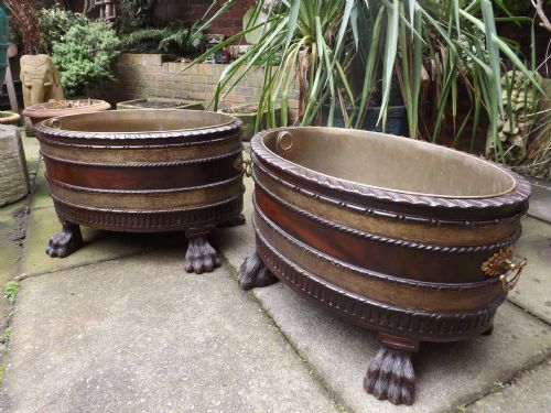 fig 1. Pair of early C20th George II design period-style brass-bound oval mahogany wine-coolers