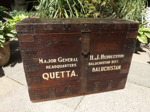 fig 1. Late C18th iron-bound oak silver-chest with provenance and later personalised painted military campaign letter-work.
