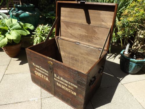 fig 2. Late C18th iron-bound oak silver-chest with provenance and later personalised painted military campaign letter-work.