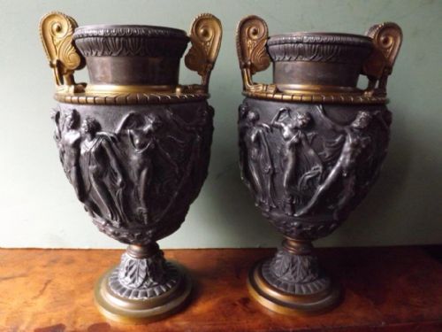 Pair of Late C19th 'Grand Tour' Souvenir Bronzed and Gilt-brass Classical Vases ,After the Antique.