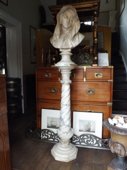 Late C19th Italian Carved Alabaster Bust Study on Pedestal of "The Sorrowing Virgin"