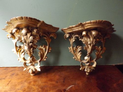 Pair of Late C19th/early C20th Italian Florentine Carved Gilt-wood Wall-brackets.