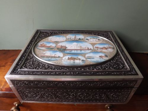 Late C19th Indian Carved Ebony Casket with Inset Painted Ivory Panel of Miniatures.