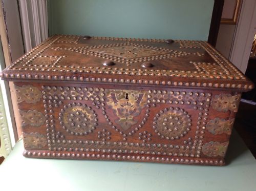 C19th Indian Colonial Brass-bound Teak Scribe's Casket or Strong-box.