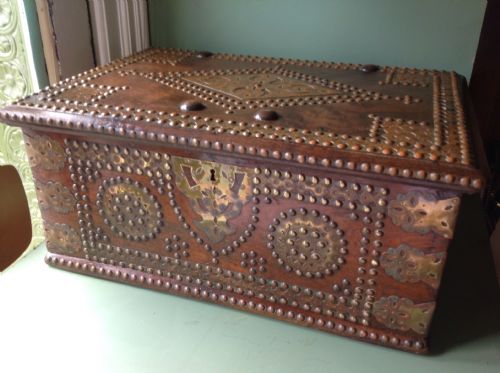 fig 1. C19th Indian colonial brass-bound teak scribe's casket or strong-box.
