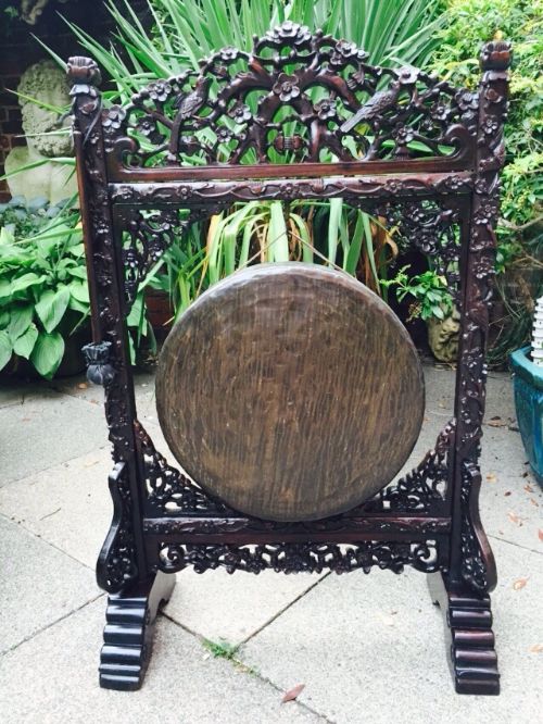 Late C19th Chinese Qing Dynasty Bronze Dinner Gong Upon Elaborate Carved Hardwood Stand.