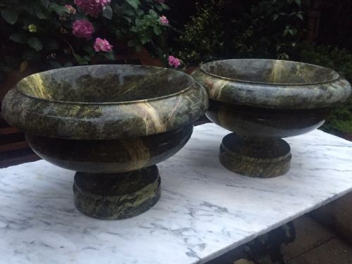 Pair of Late C19th /Early C20th Continental European Variegated Green Marble Urns or Vases.