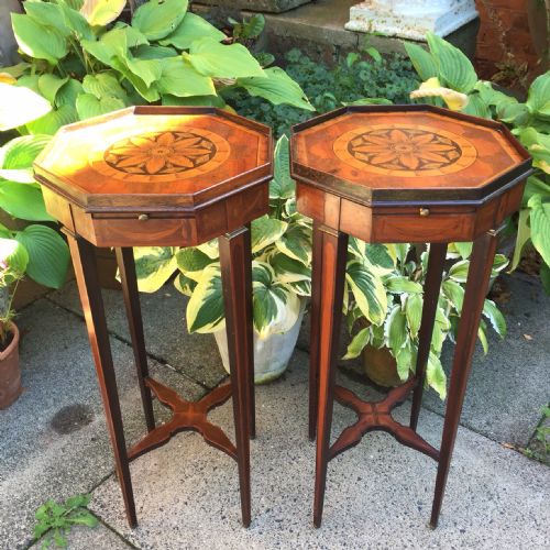Rare Matching Pair of Late C19th /Early C20th Edwardian Period Satinwood Inlaid Mahogany Octagonal Urn-stands or Occasional Tables .