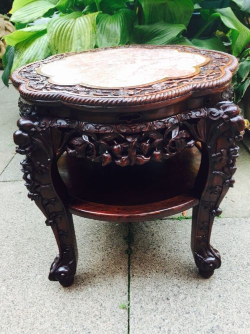 Large Late C19th Chinese Qing Dynasty Carved Hardwood 2-Tier Marble-top Table.