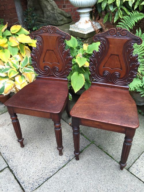 Pair of Early C19th George IV Period Carved Mahogany Hall Chairs