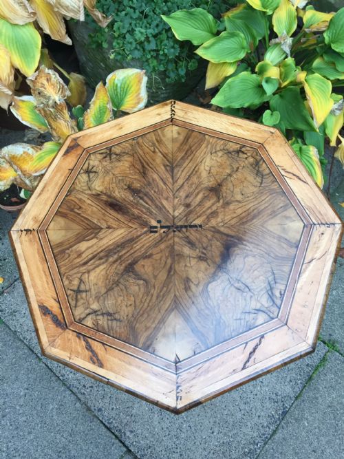 fig 1. Rare C19th olive-wood pedestal table from the Holy Land with Hebrew ink inscriptions.
