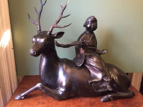 Late C19th Japanese Bronze Sculptural Group of Reclining Deer and Figure Astride
