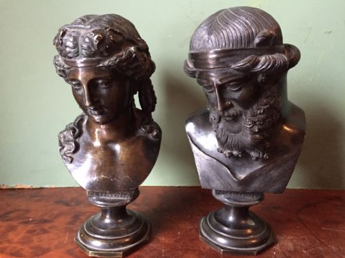 Pair of Late C19th Bronze Miniature 'Grand Tour' Souvenir Busts of "Plato" and "Ariadne".
