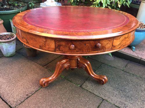 C19th Mid-victorian Period Figured and Burr Walnut Library 'Drum' Table.