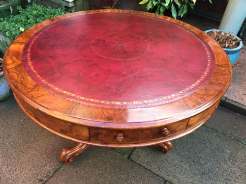 fig 1. C19th mid-Victorian period figured and burr walnut library 'drum' table.