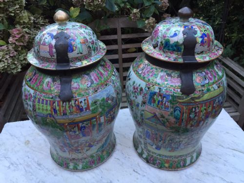 fig 1. Large pair of mid C19th Chinese Cantonese polychrome-decorated porcelain Temple jars.