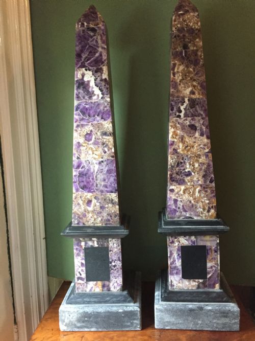 Pair of Large-scale Late C19th / Early C20th  Amethyst Veneered Obelisks.