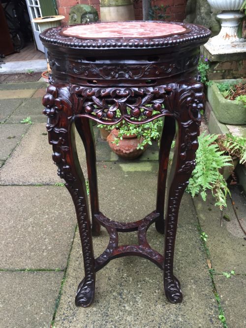 Large Scale Late C19th Chinese Qing Dynasty Carved Hardwood Marble-top Jardiniere Stand.
