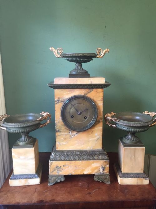fig 2. Early C19th French Charles X period siena marble and patinated bronze clock garniture.