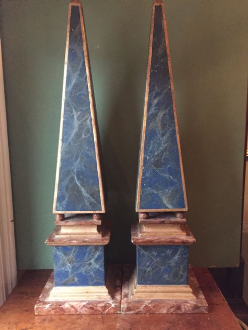 Large Pair of Late C19th Italian Wooden 'Faux Marble' Obelisks.