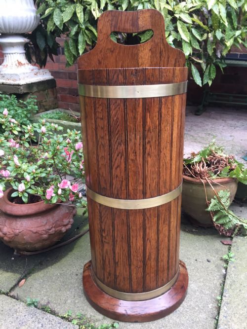 Late C19th Brass-bound Oak Semi-circular Umbrella/stick-stand of 'Coopered' Construction.