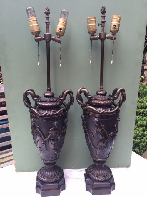 Impressive Pair of Late C19th French Bronze Vase-bodied Lamps of Classical Design .