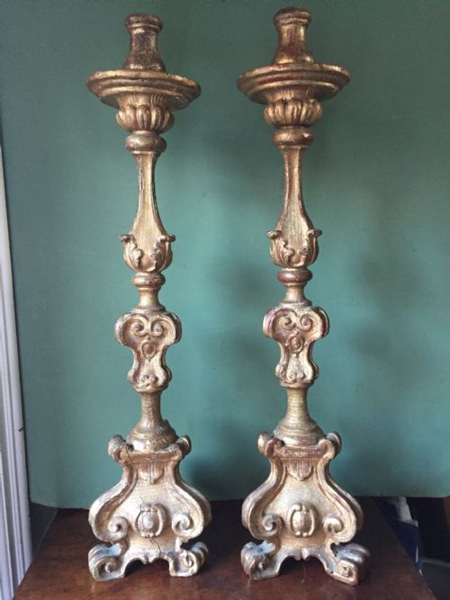 Pair of C19th Italian Carved Gilt-wood Candlesticks.