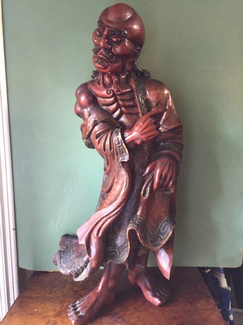 fig 1. Pair of large C19th Japanese red lacquer decorated carved wooden figures .