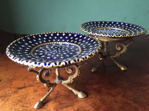 Pair of Late C19th French Miniature Enamel Tazzas on Ormolu Bases.