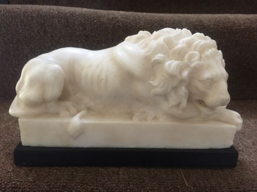 fig 1. Fine pair of C19th Italian 'Grand Tour' souvenir carved alabaster lions after Antonio Canova.