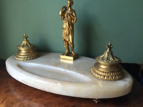 C19TH FRENCH ONYX MARBLE AND ORMOLU BRONZE INKSTAND - ADDITIONAL PHOTO 2