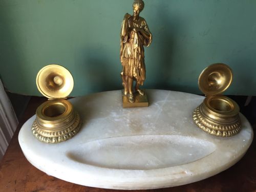 C19TH FRENCH ONYX MARBLE AND ORMOLU BRONZE INKSTAND - ADDITIONAL PHOTO 12
