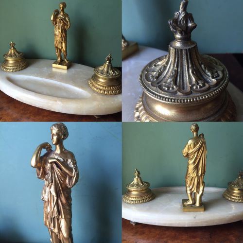 C19TH FRENCH ONYX MARBLE AND ORMOLU BRONZE INKSTAND - ADDITIONAL PHOTO 13