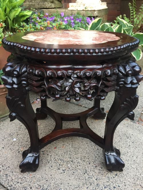 Late C19th Chinese Qing Dynasty Carved Hardwood Low Jardiniere Stand with Inset Marble Top.