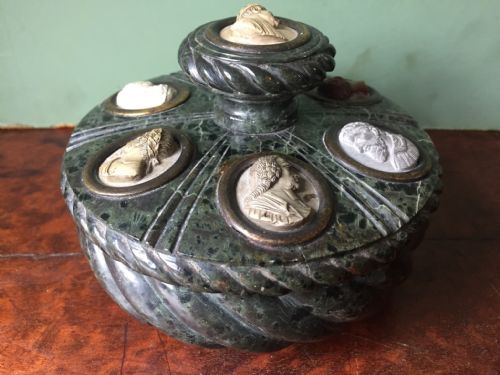 C19th Italian 'Grand Tour' Souvenir Carved Serpentine Marble Ink-stand Set with Carved Lava Cameos.