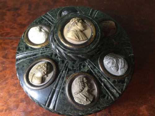 fig 1. C19th Italian 'Grand Tour' souvenir carved serpentine marble ink-stand set with carved lava cameos.