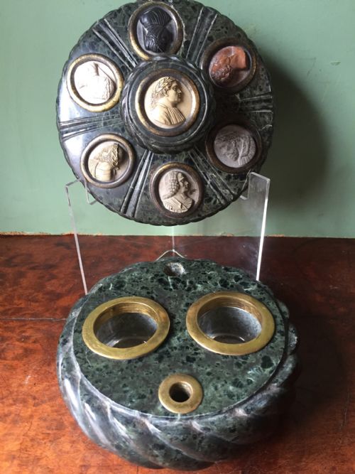 fig 2. C19th Italian 'Grand Tour' souvenir carved serpentine marble ink-stand set with carved lava cameos.