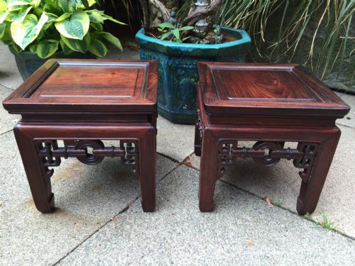 Pair of Late C19th Chinese Qing Dynasty Hardwood/rosewood Square Low Tables or Vase-stands.