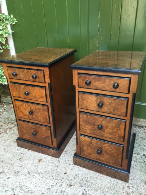 fig 1. Pair of C19th French walnut and burr-walnut bedside chests-of-drawers with ebonised details.
