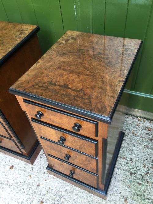 fig 2. Pair of C19th French walnut and burr-walnut bedside chests-of-drawers with ebonised details.