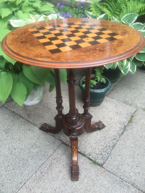 C19th Victorian Period Walnut Circular Occasional Table with Inlaid Chequer-board Games Top.