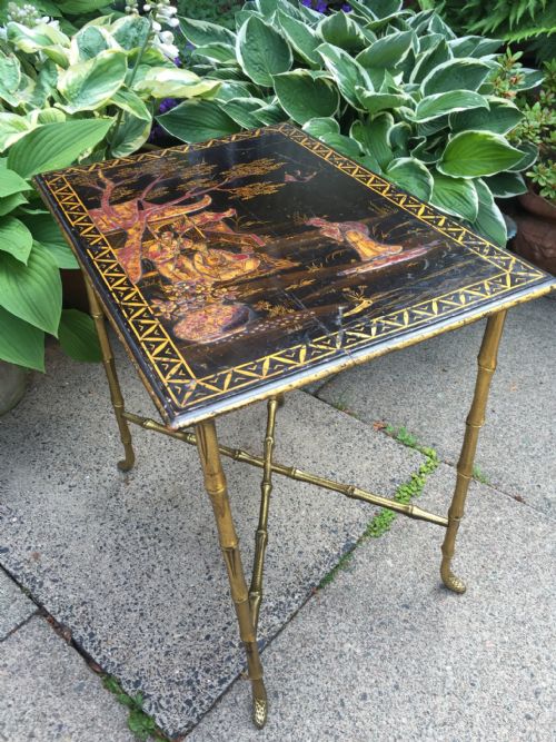 Early C20th French Chinoiserie Lacquer-top Occasional Table on Gilt-brass 'Faux Bamboo' Base.