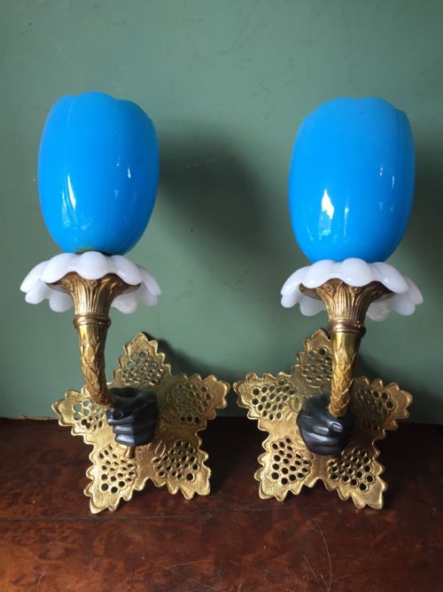 Pair of Late C19th Italian Bronze, Ormolu and Opaline Glass Wall-lights.