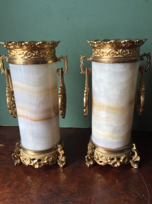 Pair of Late C19th French Ormolu-mounted Onyx Vases in 'Japonesque' Style.