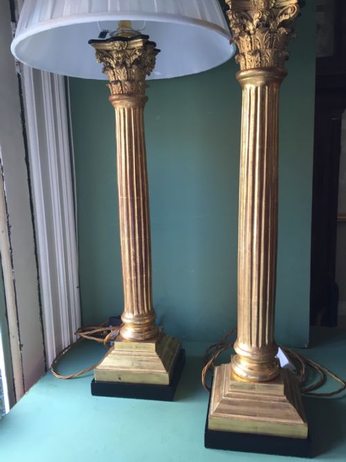 Magnificent Pair of Late C19th Carved Gilt-wood Corinthian Column Table-lamps.